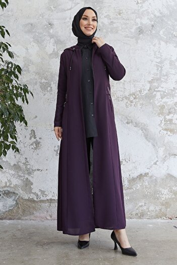InStyle Elena Beli Detay Kapüşonlu Ferace - Mürdüm