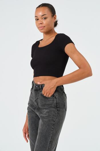 PUNKY CAT Women's Black U Neck Short Sleeve Crop Blouse