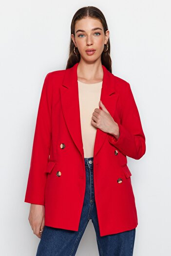 Trendyol Collection Sötétvörös, túlméretezett, bélelt, duplasoros, szőtt blézer dzseki TWOAW21CE0145
