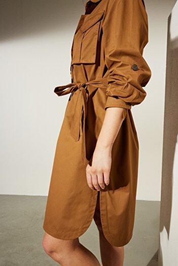 BROOKS BROTHERS Women's Cinnamon Regular Fit Shirt Collar Trench Coat with Pockets