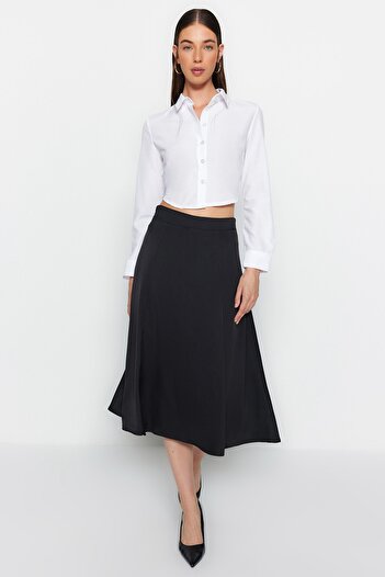 Trendyol Collection Midi Woven Sukně z černé saténové látky A-line TWOAW24ET00167