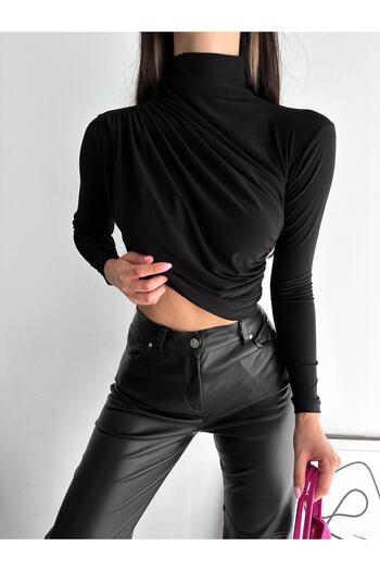 laughs WOMEN'S LONG SLEEVE HIGH COLLAR SHOULDER AND WAIST STRAW DETAILED SANDY FABRIC BLOUSE LPP2219