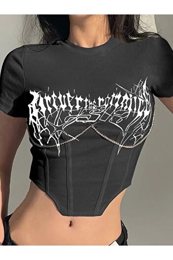 Köstebek Corset Look Black Gothic T-Shirt with Chain