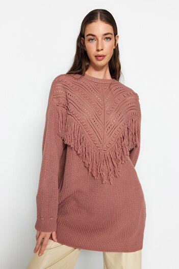 Trendyol Modest Dusty Rose Openwork and Tassel Detailed Tiko Thessaloniki Knitted Sweater TCTAW24AK00150