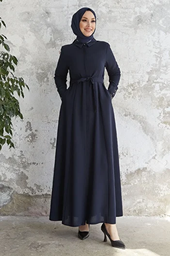 InStyle Emery Belted Shirt Collar Abaya - Navy Blue