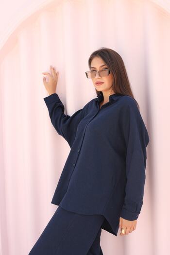 Laluvia Navy Blue Oversize, alacsony vállú vászoning