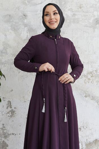 InStyle Sivya Yakası Düğme Kuşağı Örmeli Ferace - Mürdüm