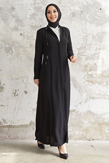 InStyle Elena Waist Detailed Hooded Abaya - Black