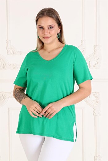 Seamoda V-Neck Slit Oversize Large Size Women's Basic T-shirt-green