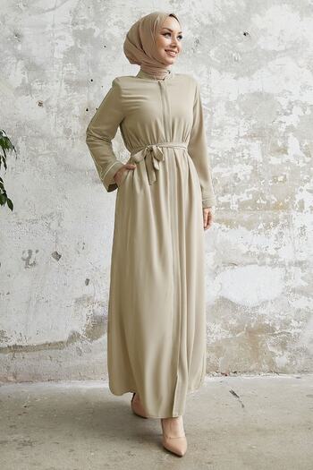 InStyle Salvia Casual Sleeve Piping Patterned Abaya - Stone