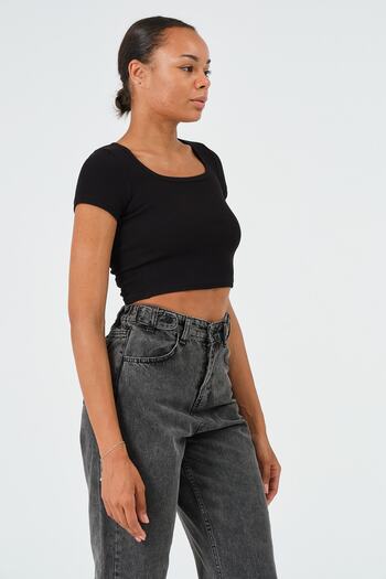 PUNKY CAT Women's Black U Neck Short Sleeve Crop Blouse
