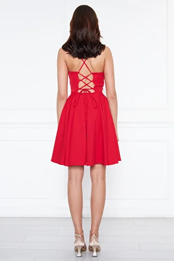 NO48 Red Back Rope Tied Woven Fabric Flared Pleated Mini Evening Dress