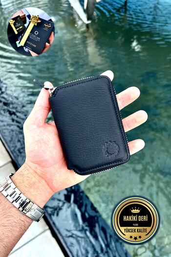 CüzCan Mat Black Mini Petty Fermuarlı Gerçek Hakiki Deri Cüzdan Unisex (KADIN / ERKEK)