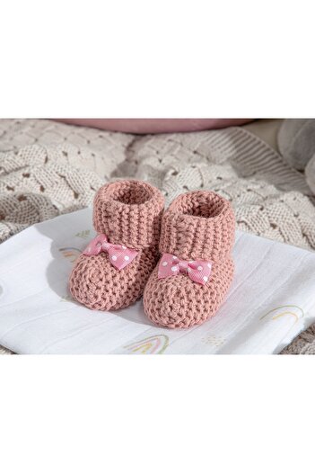 English Home Soft Triko Fiyonklu Bebe Çorap 6-12 Ay Gül Kurusu