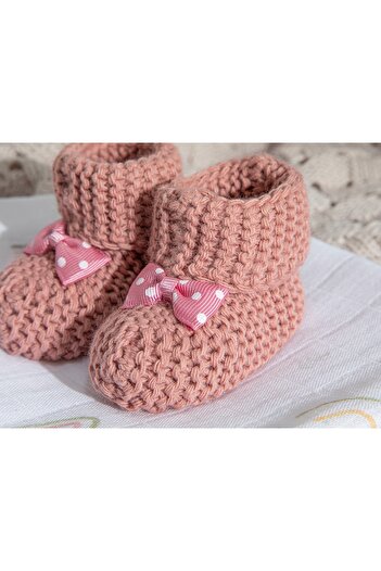 English Home Soft Triko Fiyonklu Bebe Çorap 6-12 Ay Gül Kurusu
