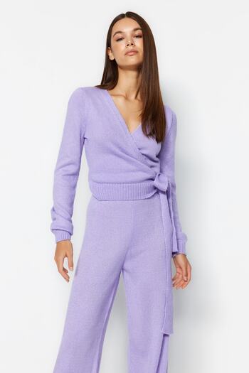 Trendyol Collection Széles szabású Lila Crop duplasoros kötöttáru öltöny - fűzős részletekkel TWOAW24AU00016