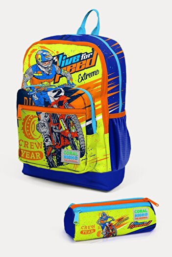 Coral High Kids Highlighter Yellow Saks Motorcycle Patterned 2-Piece School Bag Set SET0223742