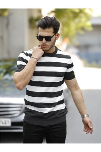 Tarz Cool Smoked-White Men's Striped Regular Fit Knitwear T-Shirt-TRZ2252001R2621S