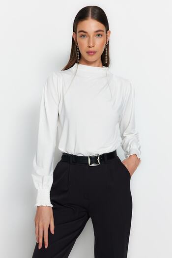 Trendyol Collection Ecru High Collar Regular Fit Gipe Detailed Flexible Knitted Blouse TWOAW24BZ00022