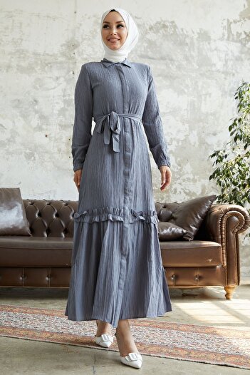 InStyle Nesya Seersucker Dress with Frilled Hem - Gray