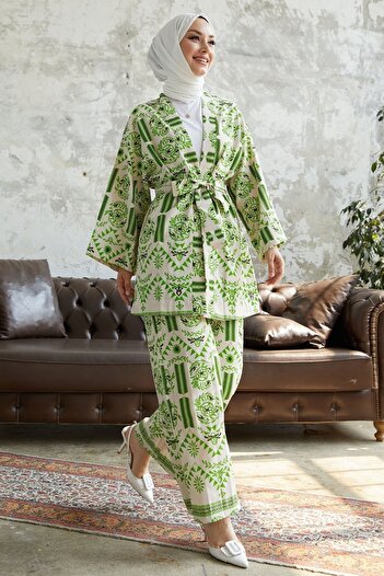 InStyle Ervis Patterned Belted Kimono Set - Green