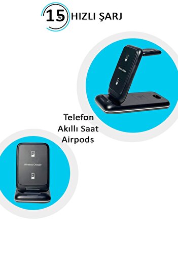 TECHNOMEN Kablosuz Şarj Istasyonu Telefon Akıllı Saat Kulaklık 15 W Aynı Anda 3 Cihaz Şarj