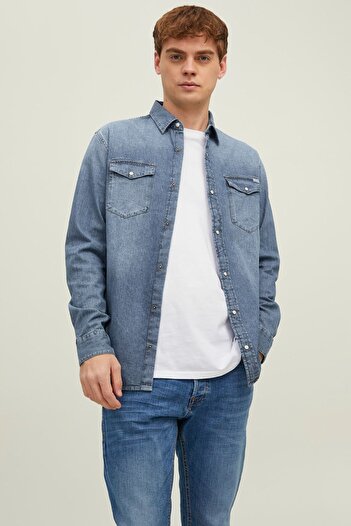 Jack & Jones Cămașă de blugi pentru bărbați Jjesheridan - Slim Fit, Mid Blue, 12138115