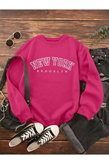 MOONBULL Unisex Pembe New York Brooklyn Baskılı Sweatshirt