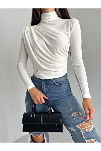 laughs WOMEN'S LONG SLEEVE HIGH COLLAR SHOULDER AND WAIST STRAW DETAILED SANDY FABRIC BLOUSE LPP2219