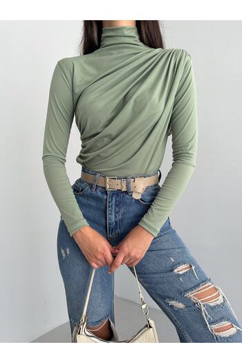 laughs WOMEN'S LONG SLEEVE HIGH COLLAR SHOULDER AND WAIST STRAW DETAILED SANDY FABRIC BLOUSE LPP2219