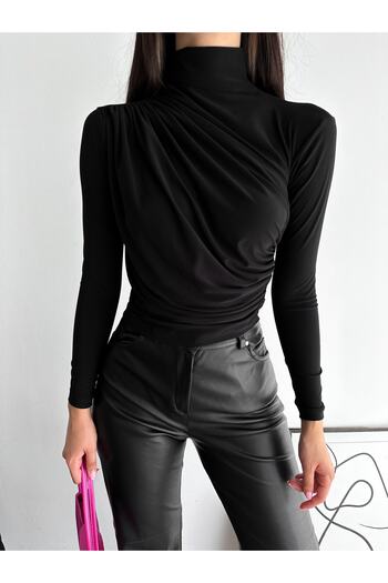 laughs WOMEN'S LONG SLEEVE HIGH COLLAR SHOULDER AND WAIST STRAW DETAILED SANDY FABRIC BLOUSE LPP2219