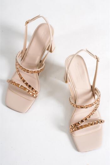 Capone Outfitters Capone Blunt Toe Stone Three Stripes Medium Heel Matte Satin Beige Women's Sandals