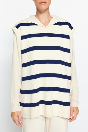Trendyol Modest Ecru Sailor Neck Striped Knitwear Sweater TCTAW24UV00034