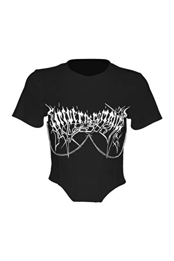 Köstebek Corset Look Black Gothic T-Shirt with Chain