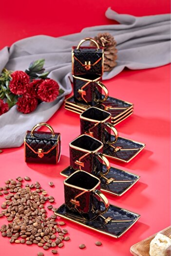 Cooker Set of 6 Bag Patterned 90 ml Porcelain Coffee Cups |   Gold Gilded Stylish Boxed Gift