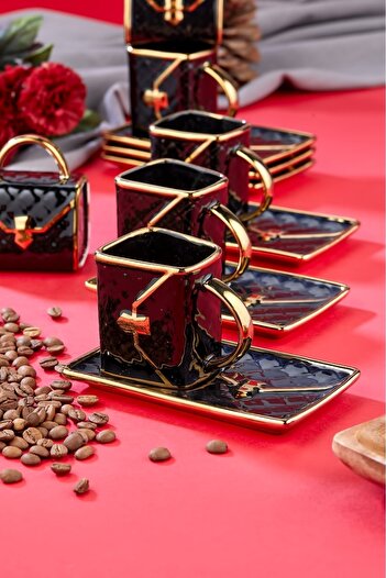 Cooker Set of 6 Bag Patterned 90 ml Porcelain Coffee Cups |   Gold Gilded Stylish Boxed Gift