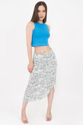Soyo Light Blue Patterned Viscose Adjustable Slit Double Skirt