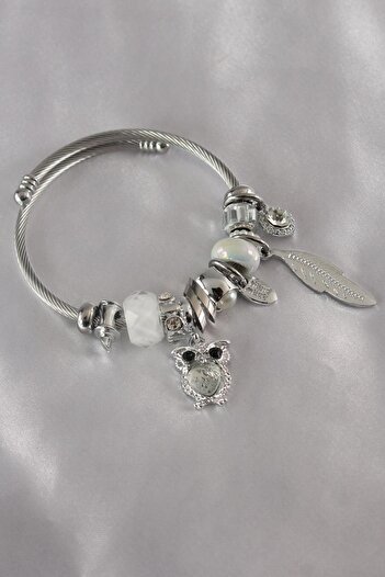 Heron Store 316l Steel White Crystal Beaded Zircon Stone Owl Model Zircon Stone Charm Women's Bracelet
