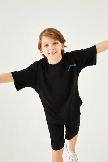 Perendi Crew Neck Off Shoulder Basic Embroidered Shorts Unisex Children's Double Suit Black