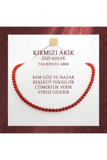 Saff Doğal Taş Kırmızı Akik 6 mm Dizi Doğal Taş Kolye - 54cm