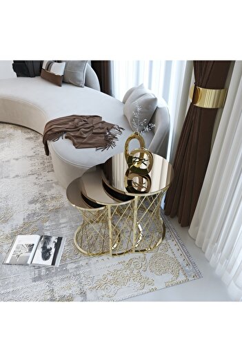 Puklife Hasır 3lü Zigon Sehpa Gold Renk Metal Ayak, Bronz Ayna