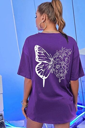 AFROGİYİM Tričko My Afrogiyim Purple and White Butterfly Piece Potištěné oversize počesané bavlněné tričko