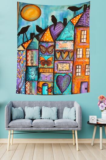 on the clouds Side by Side Sequential Houses Night Birds Flowers Stain Resistant Fabric Wall Cloth Wall Carpet Tapestry