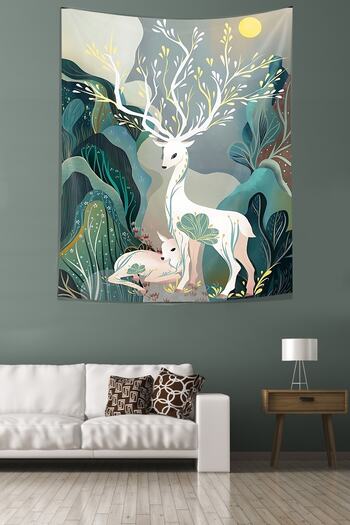on the clouds Moonlight Deer and Cub in the Forest Stain Resistant Fabric Wall Cover Tapestry