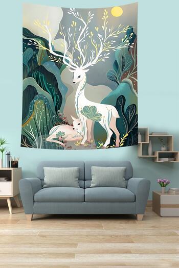 on the clouds Moonlight Deer and Cub in the Forest Stain Resistant Fabric Wall Cover Tapestry