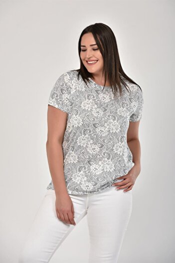 Seamoda Kadın Ekru Karışık Çiçek Desen Kısa Kol Basic Tshirt PRA-489607-982483