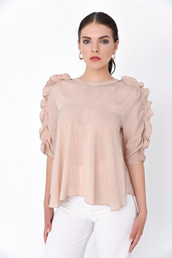 Hanna's by Hanna Darsa Women's Beige Frilly Sleeve Long Sleeve Woven Blouse Hn1871