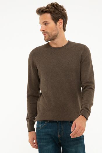 Pierre Cardin Men's Khaki Melange Slim Fit Basic Knitwear Sweater