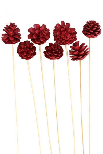 Yapay Çiçek Deposu 7Piece Pine Cones Red with Bamboo Handle