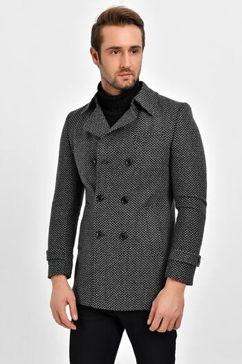 DYNAMO Men's Gray Wool Blended Patterned Stamp Double Breasted Buttoned